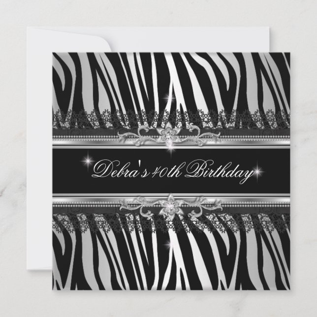Zebra Black Silver White 40th Birthday Party Invitation (Front)