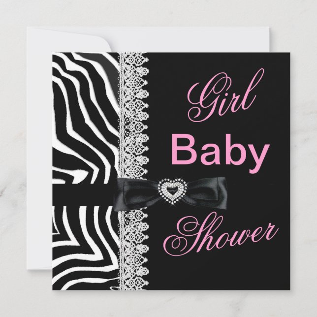 Zebra black white Pink Girl Baby Shower Lace Invitation (Front)