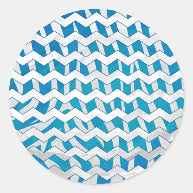 Zebra Blue and White Chevron Classic Round Sticker (Front)
