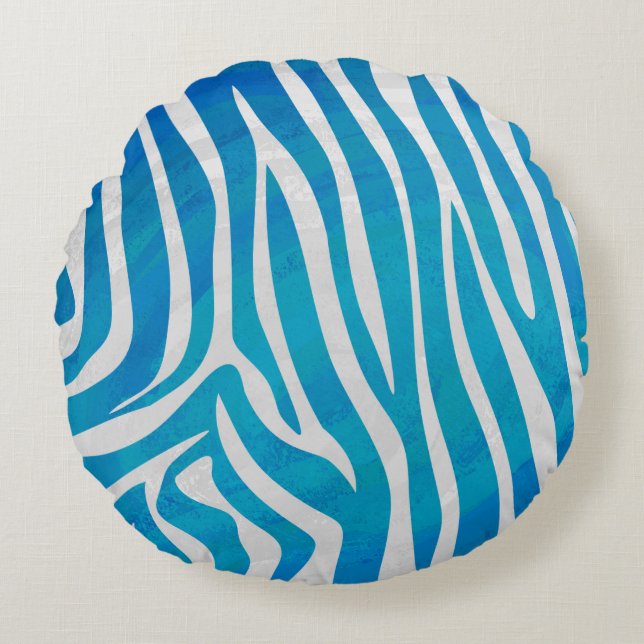 Zebra Blue and White Print Round Cushion (Front)