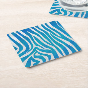Zebra Blue and White Print Square Paper Coaster