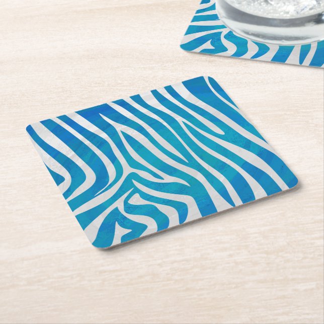 Zebra Blue and White Print Square Paper Coaster (Angled)