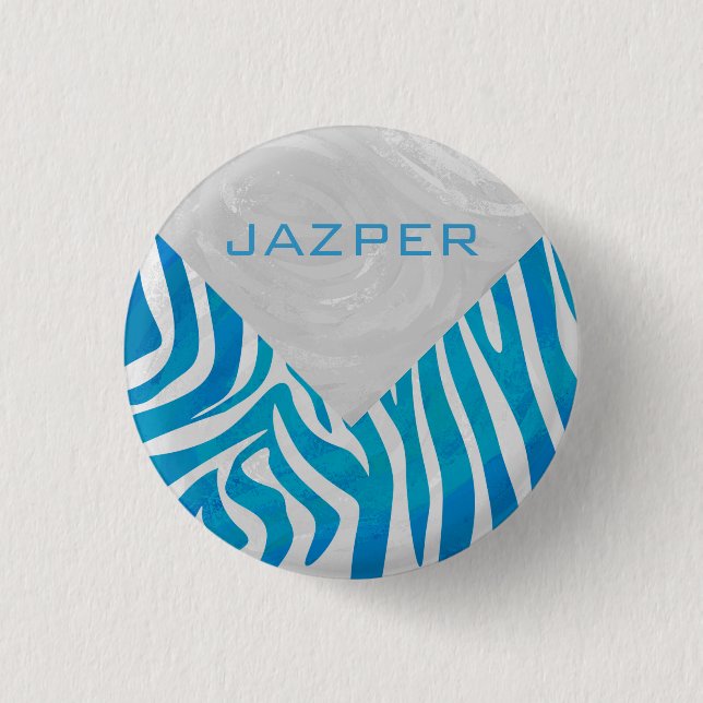 Zebra Blue and White with Monogram 3 Cm Round Badge (Front)