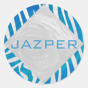 Zebra Blue and White with Monogram Classic Round Sticker