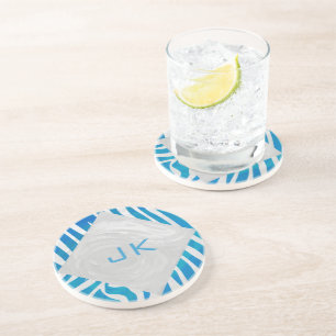 Zebra Blue and White with Monogram Coaster