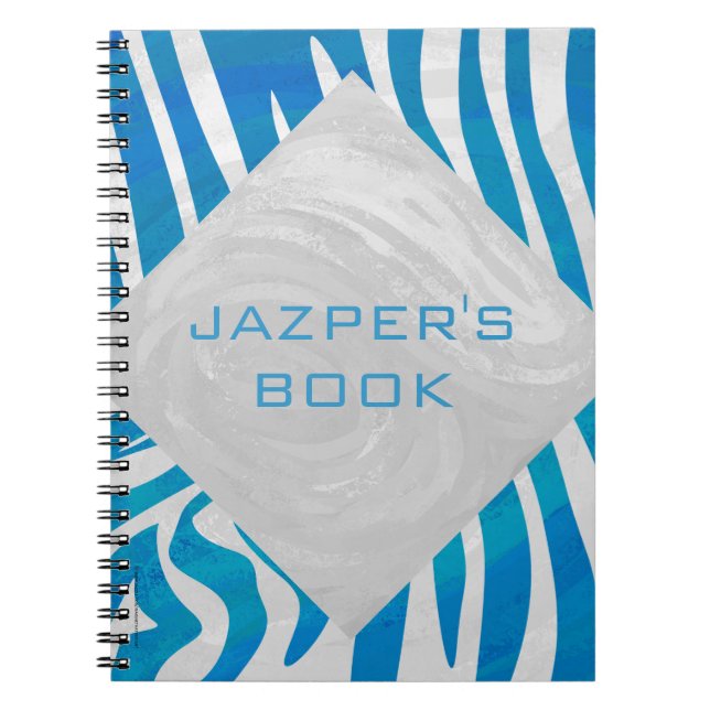 Zebra Blue and White with Monogram Spiral Notebook (Front)