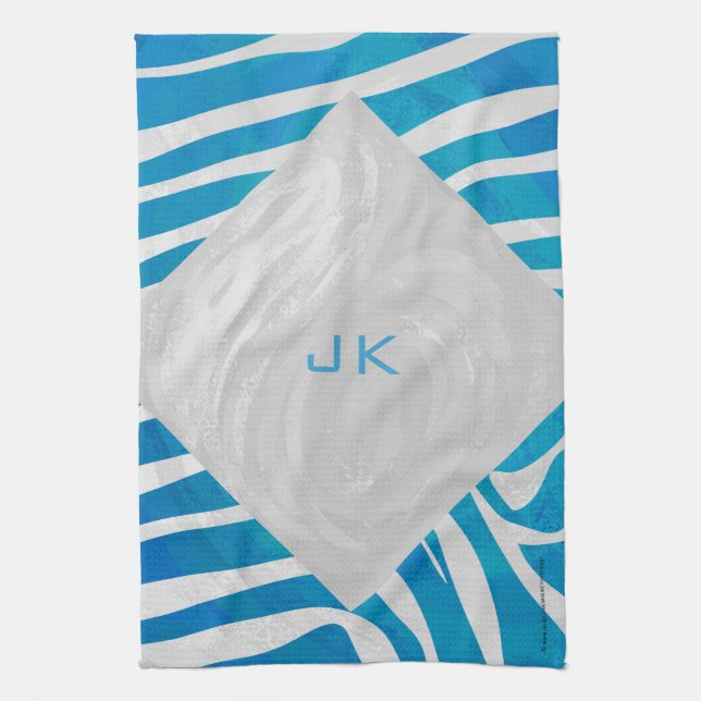Zebra Blue and White with Monogram Tea Towel (Vertical)