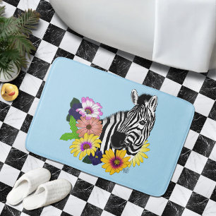 Zebra Blue Colourful Daisy Floral Wildlife Bath Mat