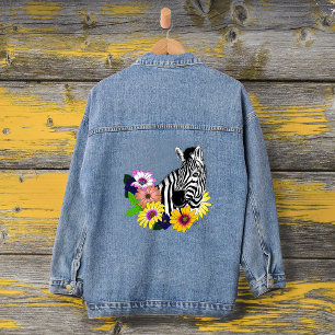 Zebra Blue Colourful Daisy Floral Wildlife Denim Jacket