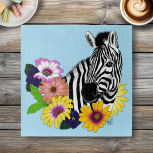 Zebra Blue Colourful Daisy Floral Wildlife Jigsaw Puzzle