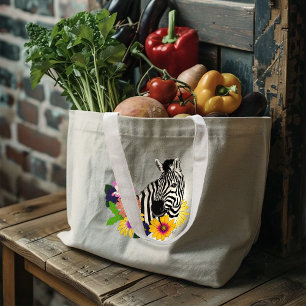 Zebra Blue Colourful Daisy Floral Wildlife Large Tote Bag