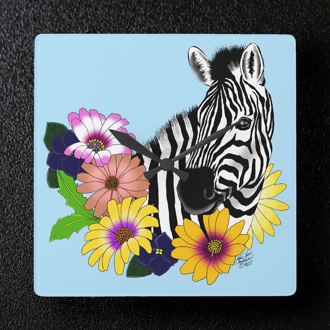 Zebra Blue Colourful Daisy Floral Wildlife Square Wall Clock (Creator Uploaded)