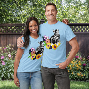 Zebra Blue Colourful Daisy Floral Wildlife T-Shirt