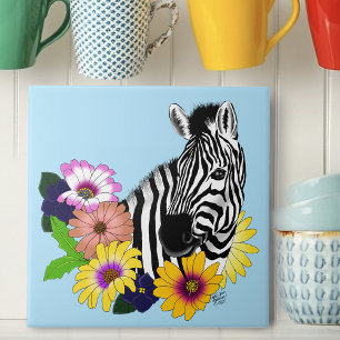 Zebra Blue Colourful Daisy Floral Wildlife Tile