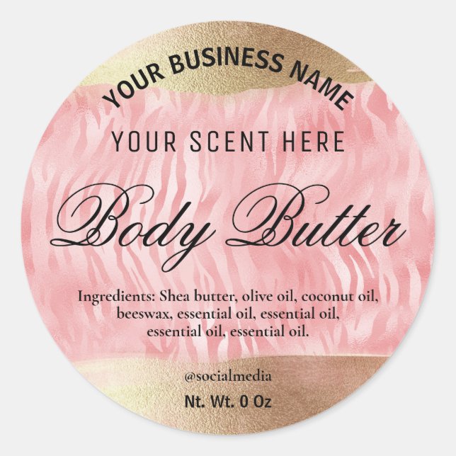 Zebra Body Butter Labels In Pink And Gold (Front)