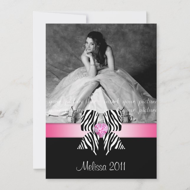 Zebra Bow Graduation Party Invite Photo Card (Front)
