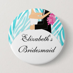Zebra Bride Bridesmaid Button / Pin Turquoise
