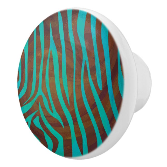 Zebra Brown and Teal Print Ceramic Knob (Right)