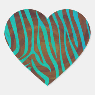 Zebra Brown and Teal Print Heart Sticker