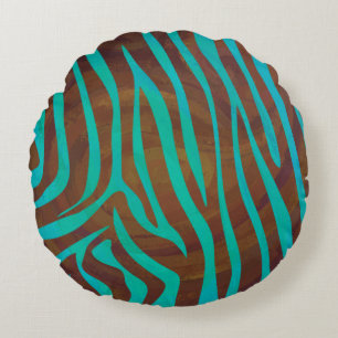 Zebra Brown and Teal Print Round Cushion
