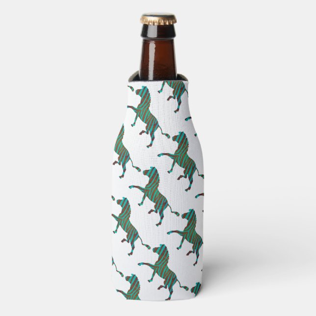 Zebra Brown and Teal Print Silhouette Bottle Cooler (Bottle Front)
