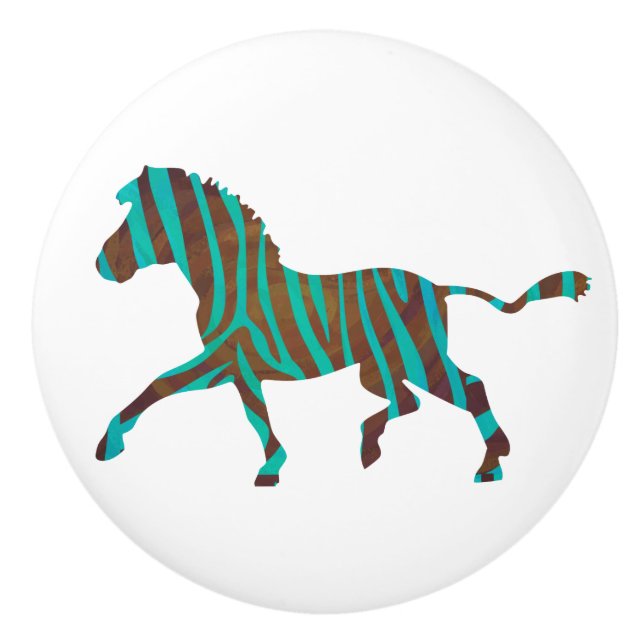 Zebra Brown and Teal Print Silhouette Ceramic Knob (Front)