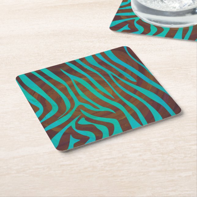 Zebra Brown and Teal Print Square Paper Coaster (Angled)