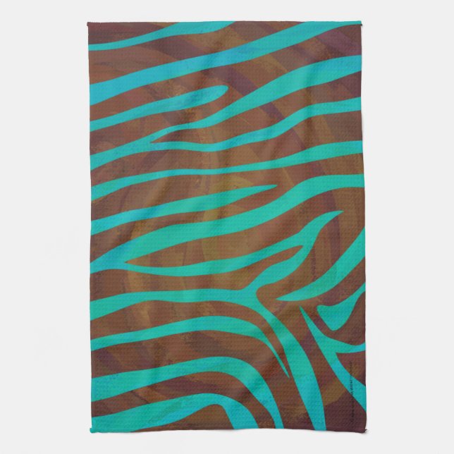 Zebra Brown and Teal Print Tea Towel (Vertical)