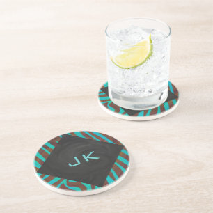 Zebra Brown and Teal with Monogram Coaster