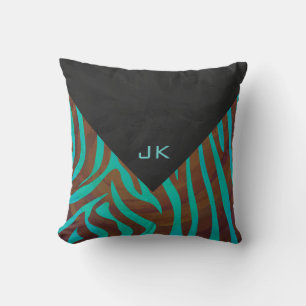 Zebra Brown and Teal with Monogram Cushion