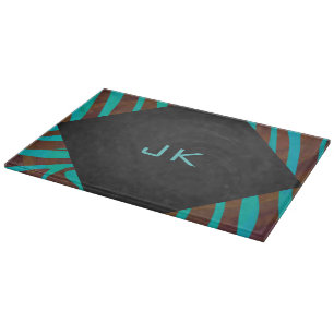 Zebra Brown and Teal with Monogram Cutting Board