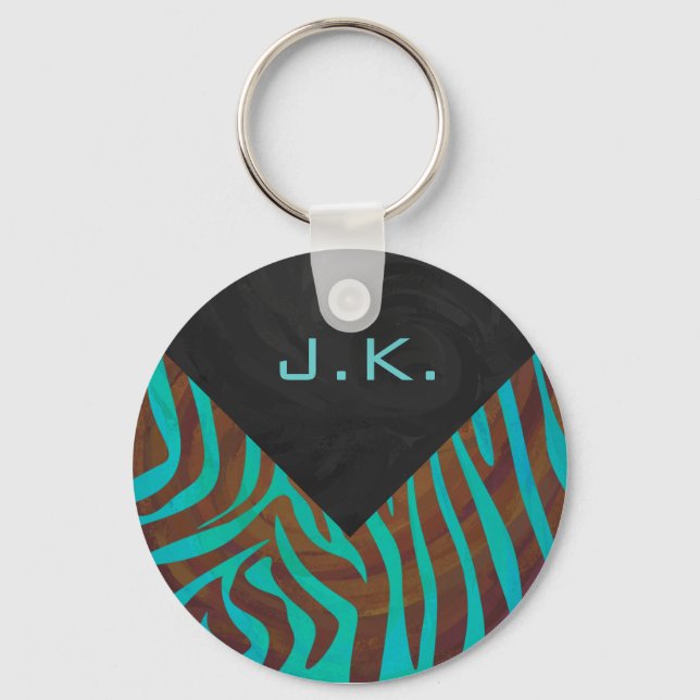 Zebra Brown and Teal with Monogram Key Ring (Front)