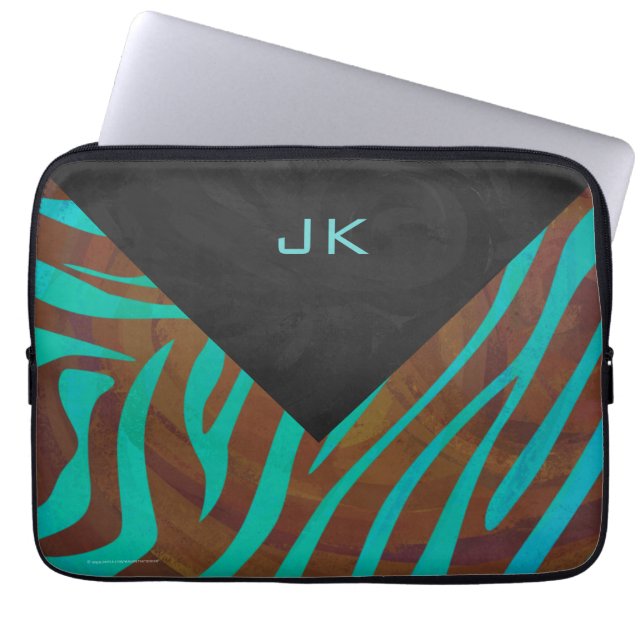 Zebra Brown and Teal with Monogram Laptop Sleeve (Front)