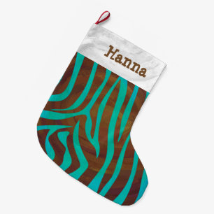 Zebra Brown and Teal with Monogram Large Christmas Stocking
