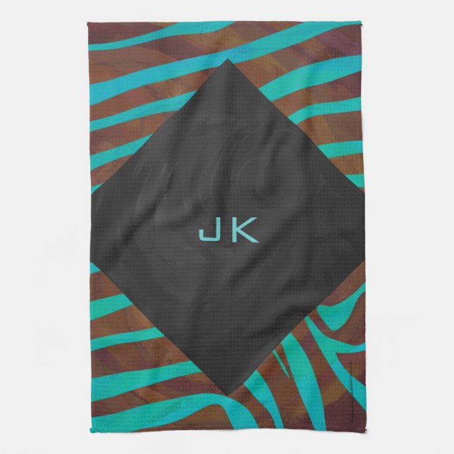 Zebra Brown and Teal with Monogram Tea Towel (Vertical)