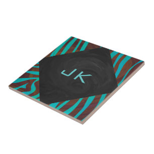 Zebra Brown and Teal with Monogram Tile