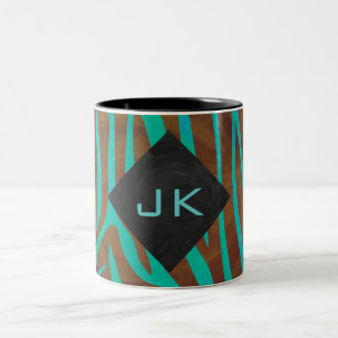 Zebra Brown and Teal with Monogram Two-Tone Coffee Mug