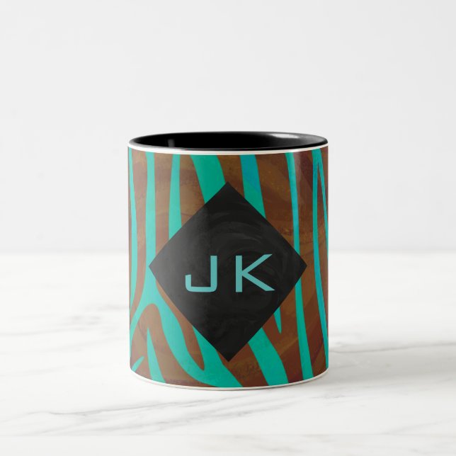 Zebra Brown and Teal with Monogram Two-Tone Coffee Mug (Center)