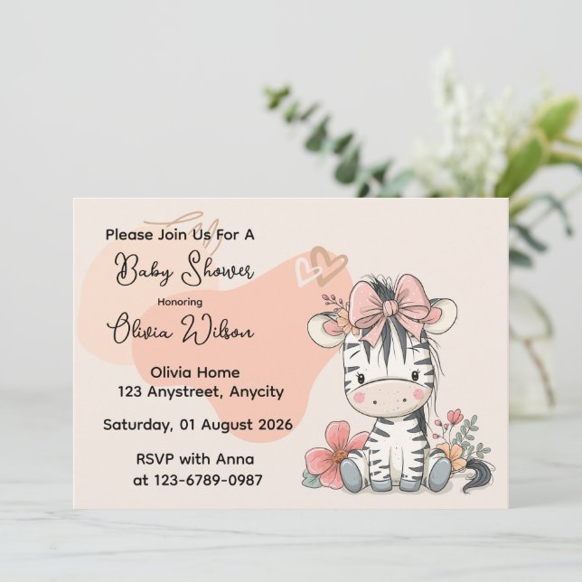 Zebra Calf Sitting Wearing Ribbon Invitation (Standing Front)