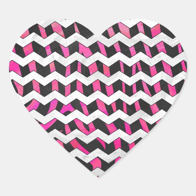 Zebra Chevron Black and Hot Pink Heart Sticker (Front)