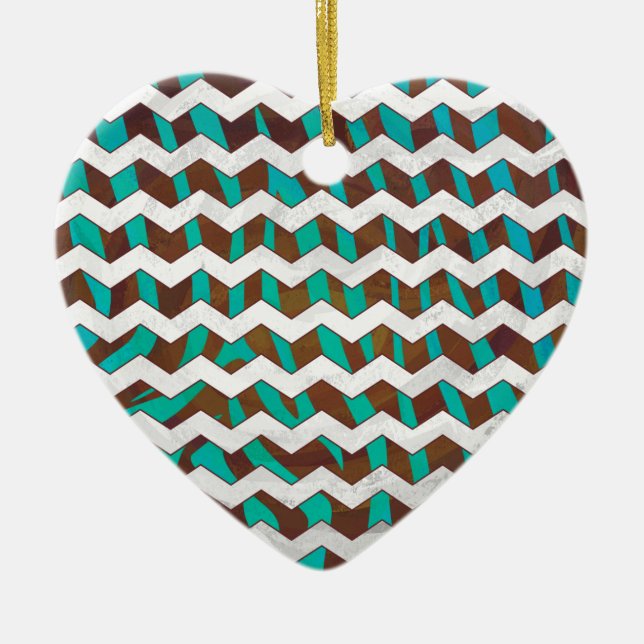 Zebra Chevron Brown and Teal Print Ceramic Tree Decoration (Front)