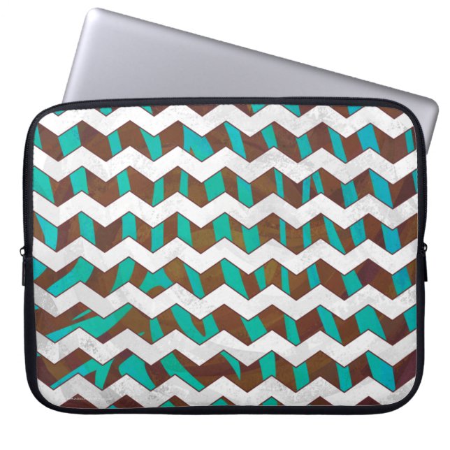 Zebra Chevron Brown and Teal Print Laptop Sleeve (Front)