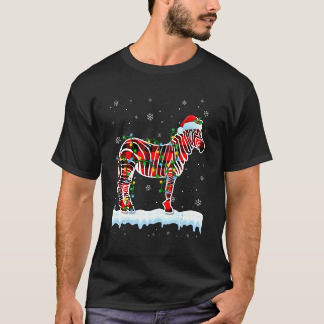 Zebra  Christmas Santa Hat Cute Animals Xmas Light T-Shirt (Front)