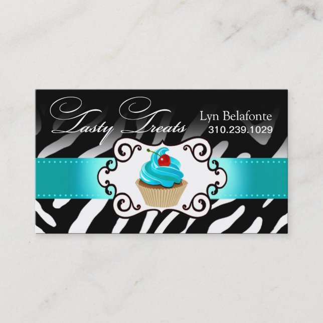 Zebra Cupcake Frame "Tasty Treats" aqua Business Card (Front)