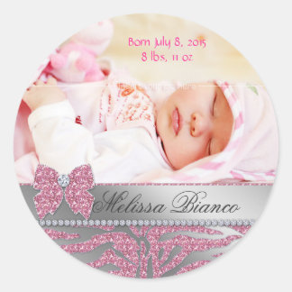 Zebra Cute Bow Baby Girl Announcement Sticker