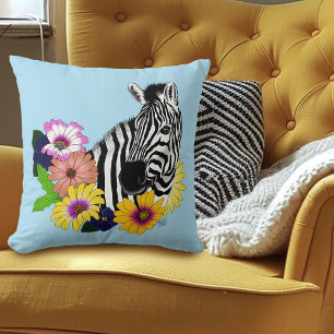 Zebra Daisies Blue Cushion