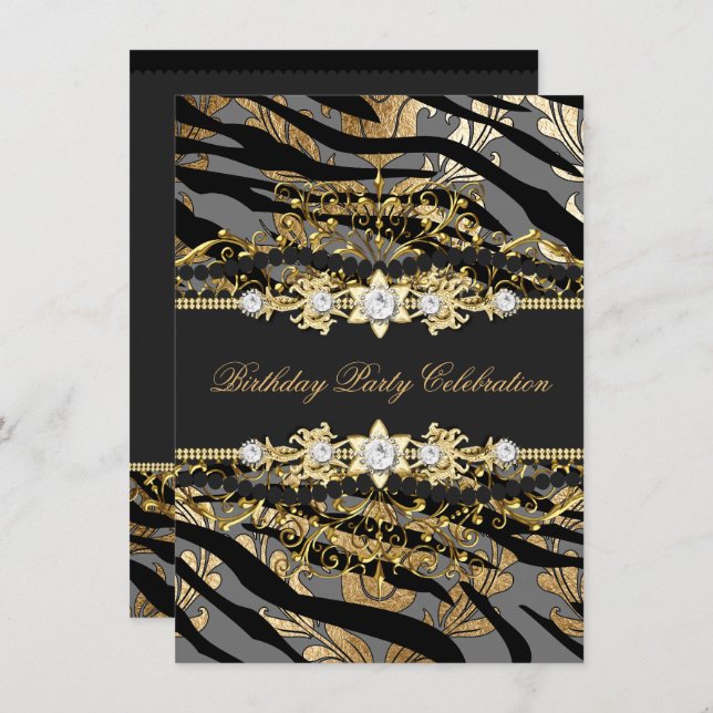 Zebra Damask Gold Black Foil Beige Elegant Party Invitation (Front/Back)
