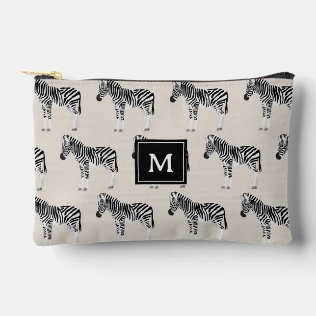 Zebra Exotic Animal Pattern Beige Monogram Accessory Pouch (Front)