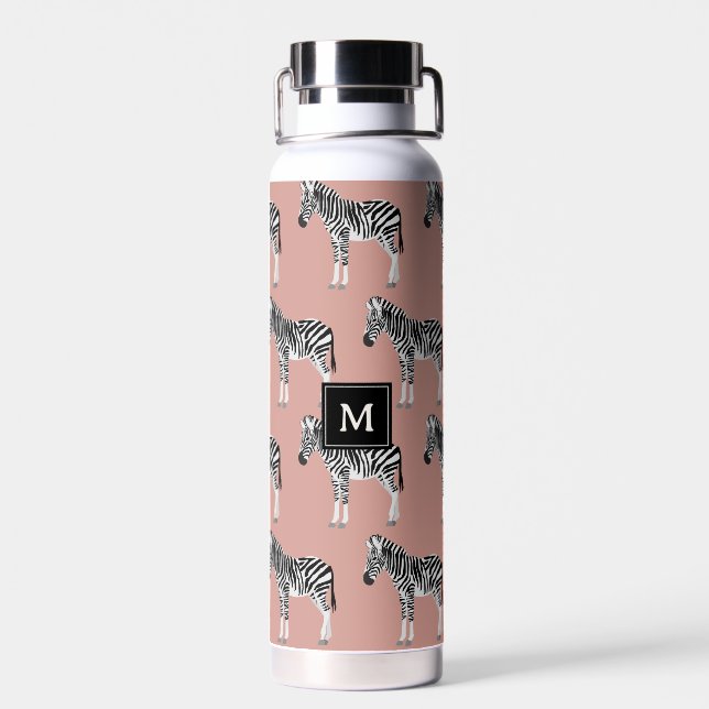 Zebra Exotic Animal Pattern Blush Pink Monogram Water Bottle (Back)