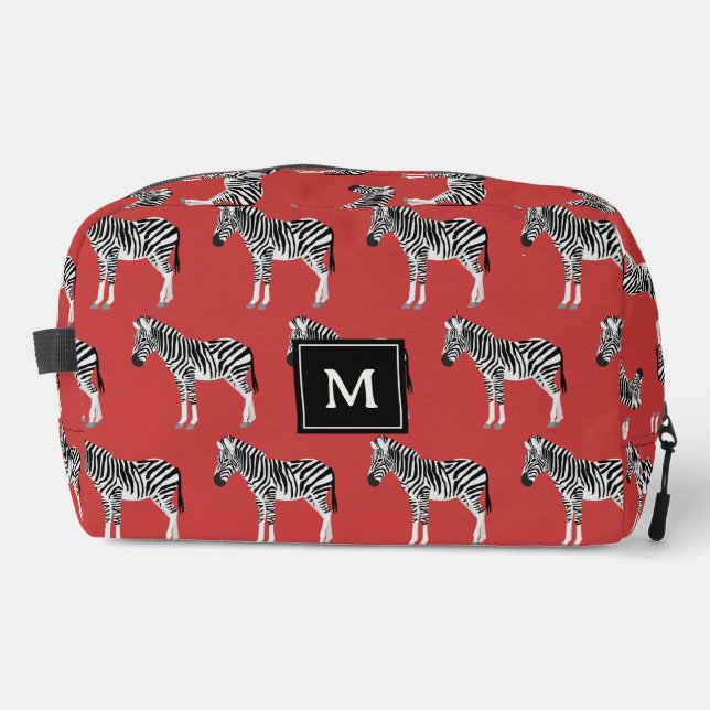 Zebra Exotic Animal Pattern Deep Red Monogram Dopp Kit (Front)